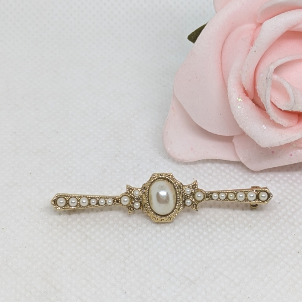 Elegant Gold Tone Pearl Brooch Victorian Inspired Bar Pin Vintage